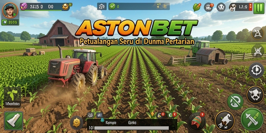 Tampilan gameplay <strong>ASTONBET</strong> yang menarik dan penuh warna dalam suasana pertanian.