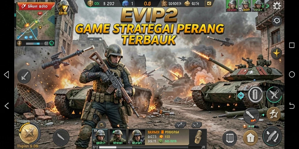 Screenshot gameplay EVIP2 menunjukkan pertempuran epik antara dua kerajaan.
