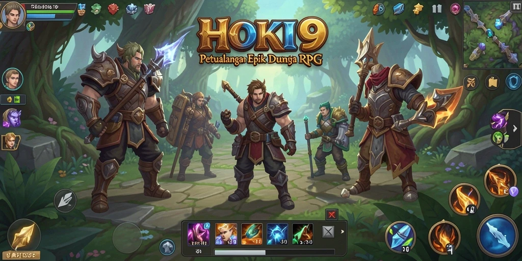 Screenshot utama HOKI9 menampilkan karakter bertempur di dunia fantasi.