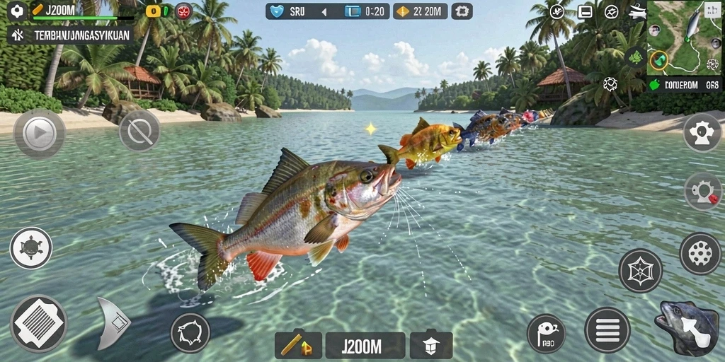 Screenshot utama J200M menampilkan aksi seru dalam gameplay Tembak Ikan.