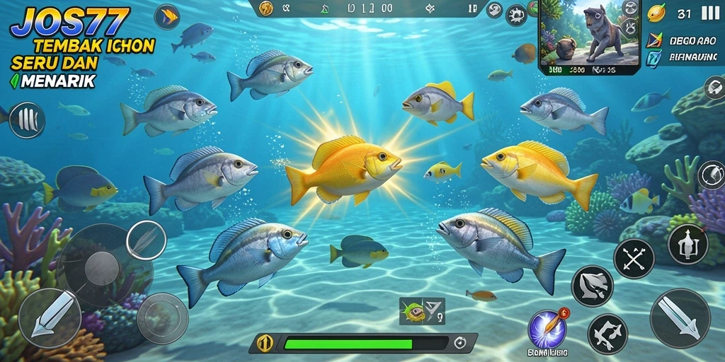 Tampilan gameplay JOS77 dengan ikan berwarna-warni dan efek tembakan yang menarik.