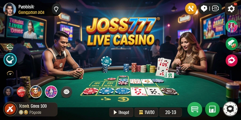 Screenshot JOSS777 menampilkan dealer langsung yang berinteraksi dengan pemain dalam permainan Live Casino.
