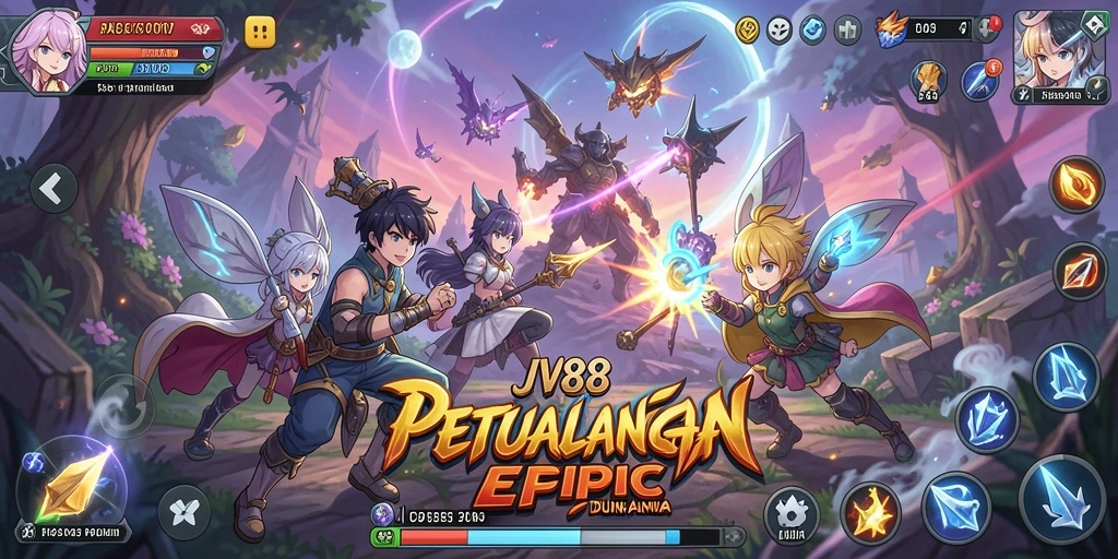 Screenshot utama JV88 menampilkan aksi karakter anime dalam pertempuran seru.