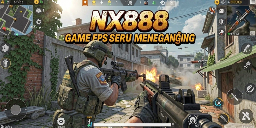 Screenshot NX888 menampilkan aksi gameplay FPS yang menegangkan.
