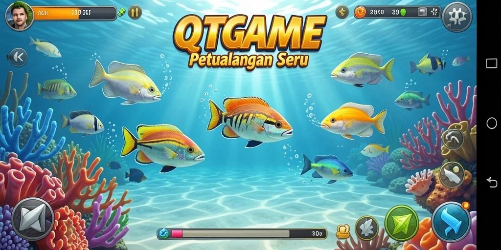 Tampilan gameplay seru QTGAME dengan aksi Tembak Ikan yang menarik.