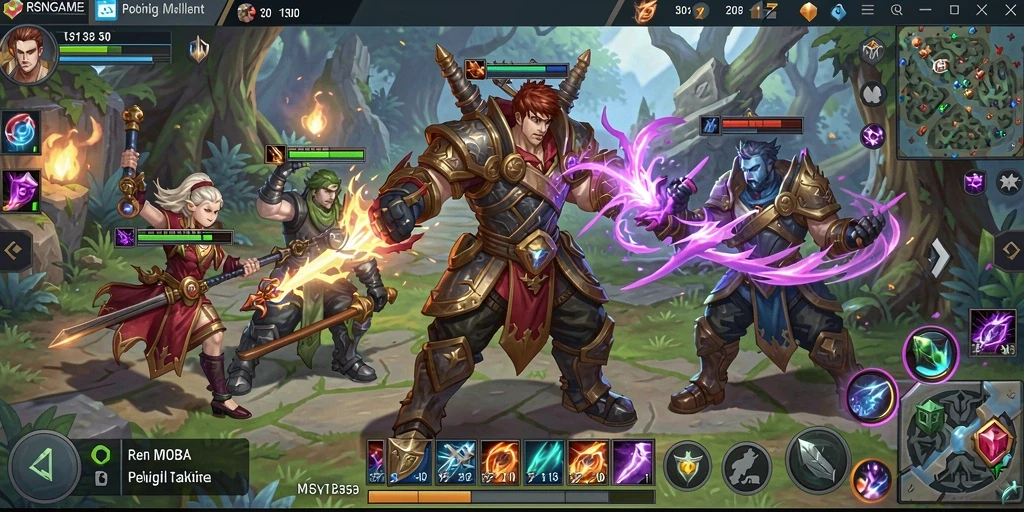 Screenshot RSNGAME menunjukkan aksi pertempuran yang intens dalam gameplay MOBA.