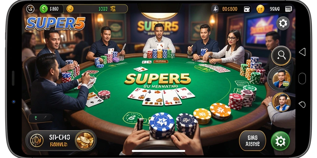 Tampilan gameplay <strong>SUPER5</strong> yang seru dengan suasana poker yang mendebarkan.