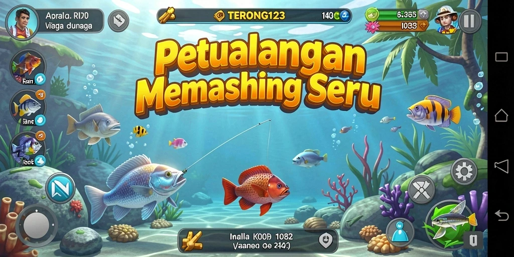 Screenshot menunjukkan pemain menangkap ikan di danau yang indah.