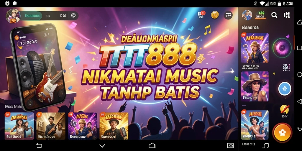 Tampilan utama TTT888 saat mendengarkan musik dengan fitur interaktif.