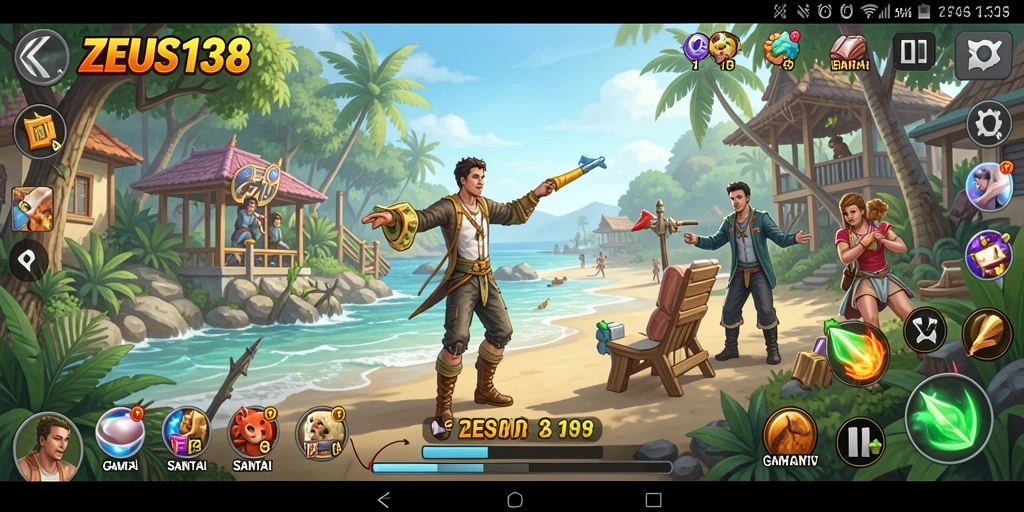 Screenshot gameplay ZEUS138 menunjukkan karakter beraksi dalam level Casual yang penuh warna.